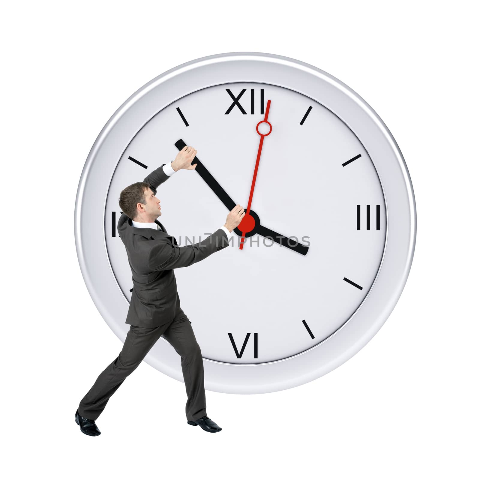 Businessman holding clock hand isolated on white background