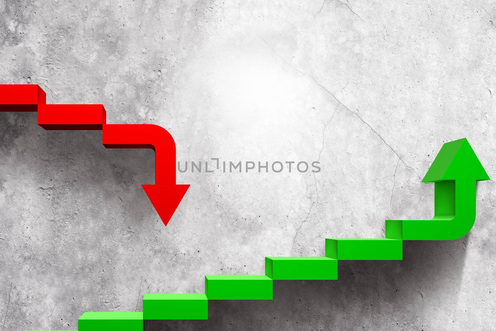 Green and red arrows on grey wall background