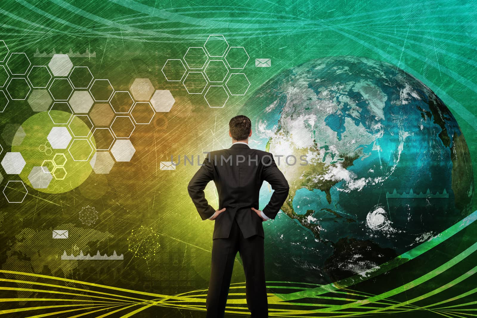 Businessman in front of world map by cherezoff