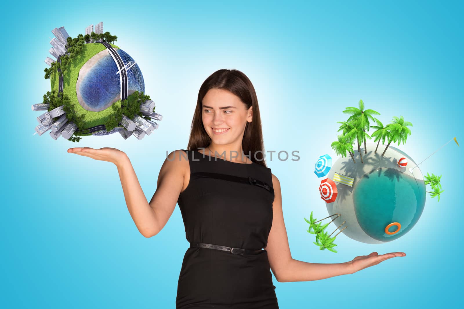 Businesswoman holding two earth globes, saving planet concept