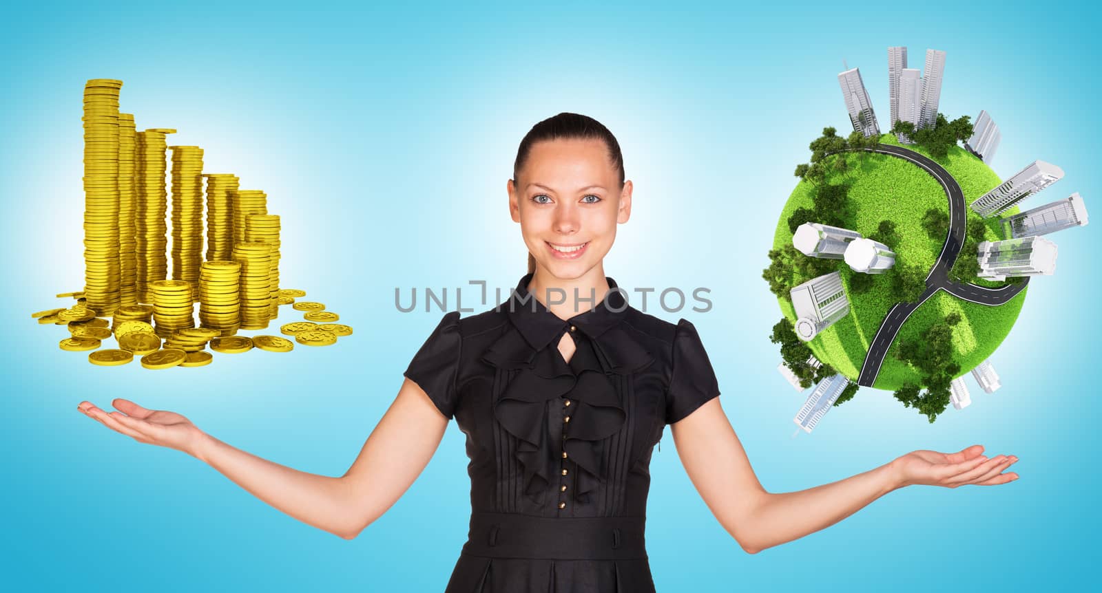 Businesswoman holding coins and earth globe by cherezoff
