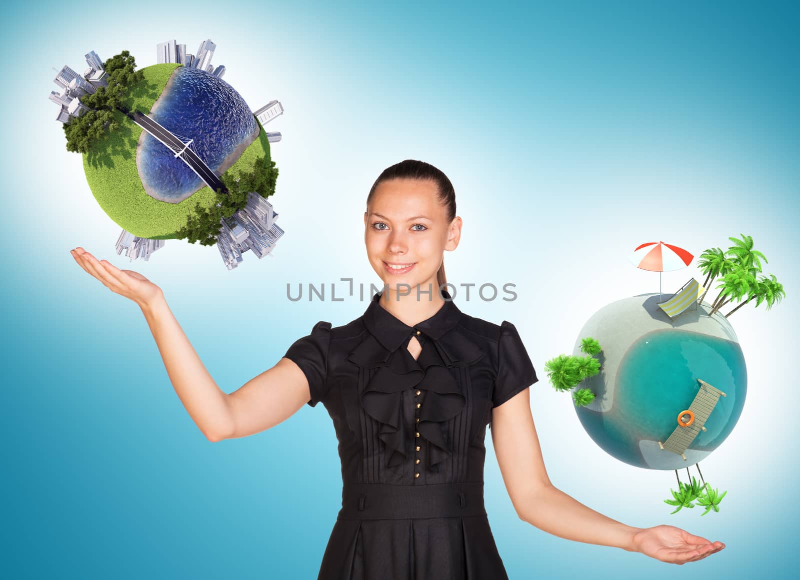 Businesswoman holding two earth globes, saving planet concept