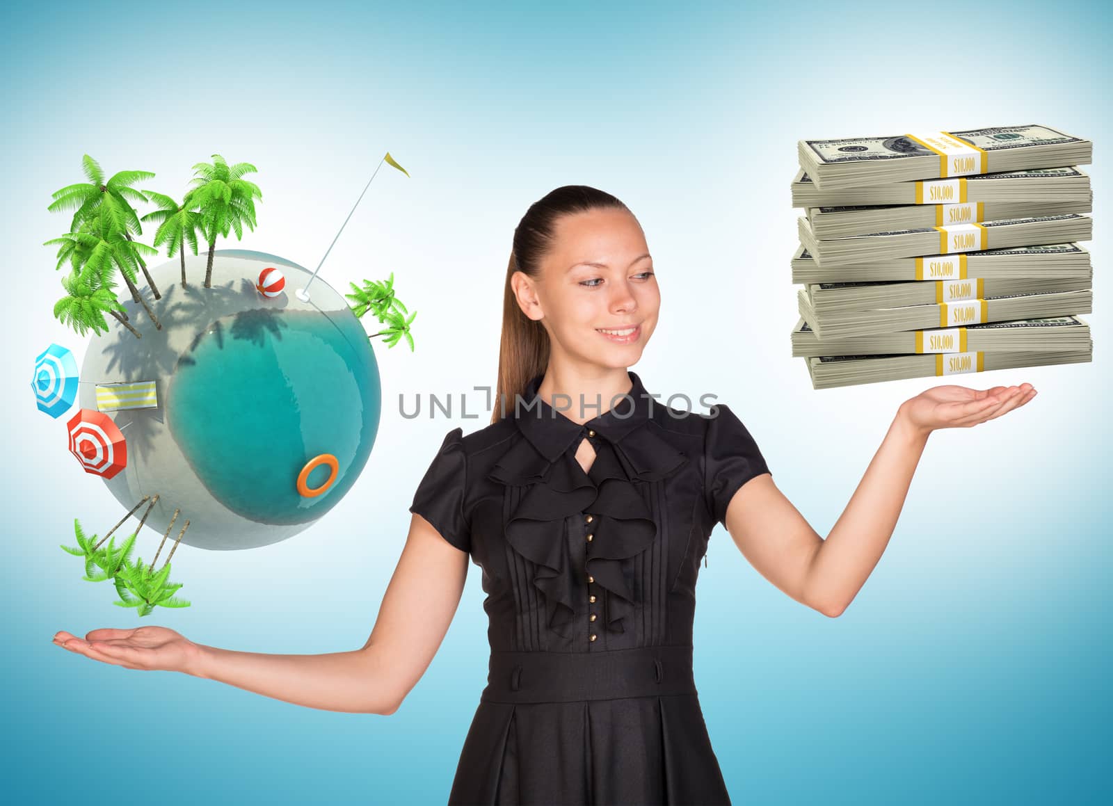 Businesswoman holding cash and earth globe by cherezoff