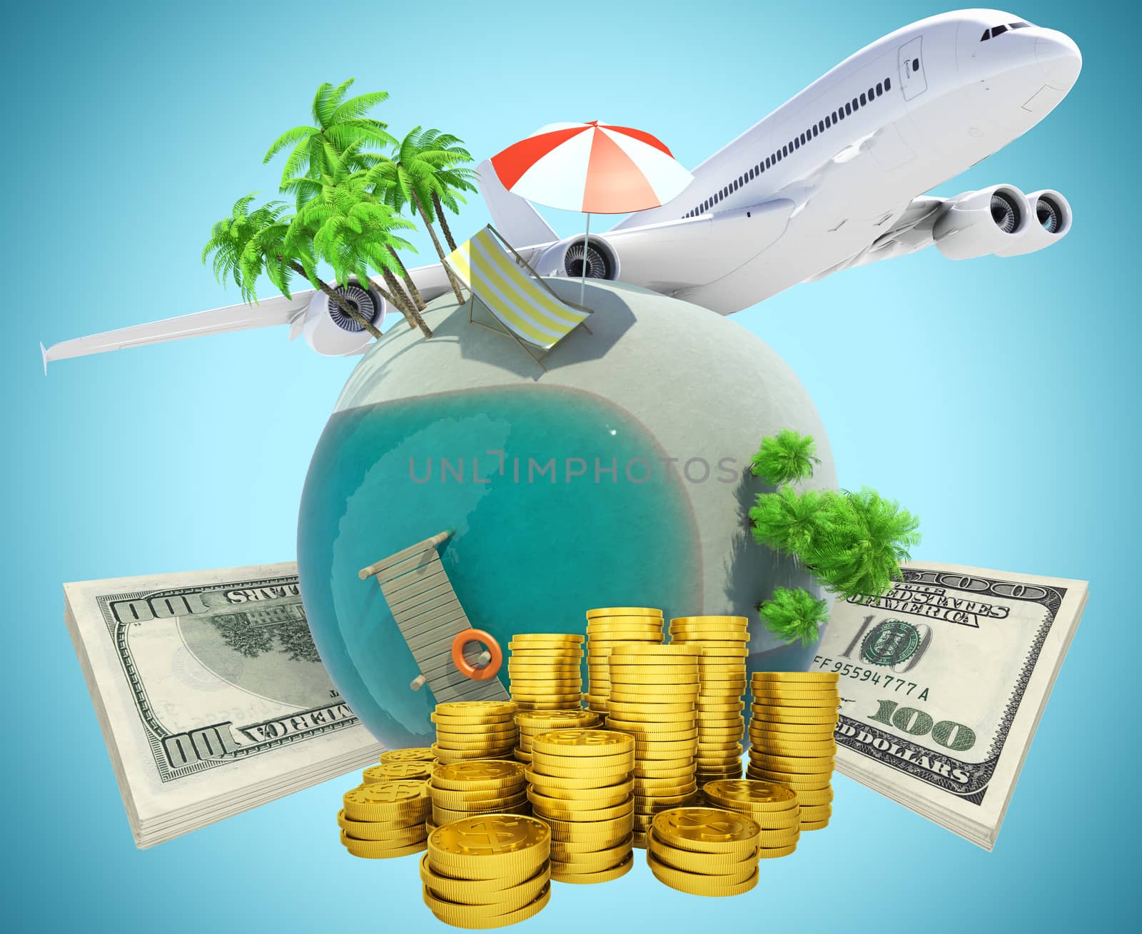 Earth globe with jet and coins on blue background, travel concept