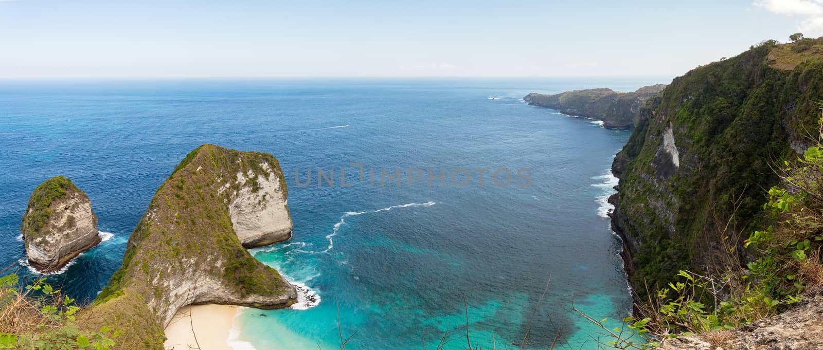 panorama of dream beach on coastline at Bali, Manta Point famous Diving place, Nusa Penida with blue sky