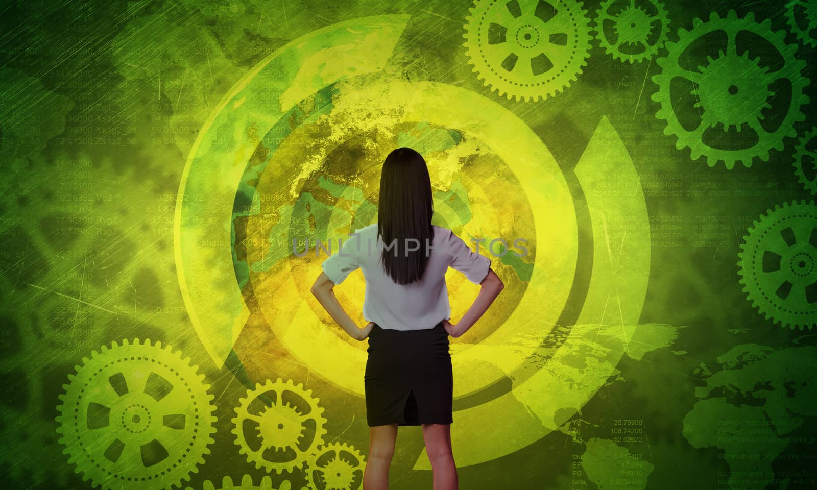 Business woman in front of holographic screen with cog wheels