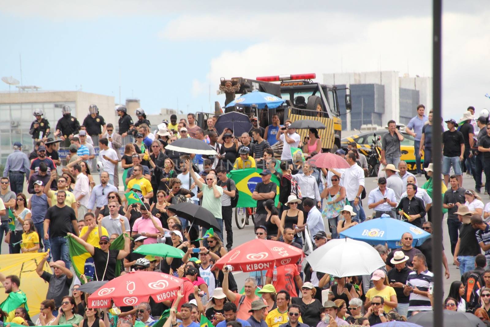 BRAZIL, Brasilia: Anti-government protesters gathered outside the Presidential Palace in Brasilia, Brazil on March 17, 2016 after ex-president Luiz Inácio Lula da Silva was appointed to the cabinet.The decision resulted in protests throughout the country, with some thinking that the appointment of the former president was an attempt to save him from charges in a corruption scandal. 