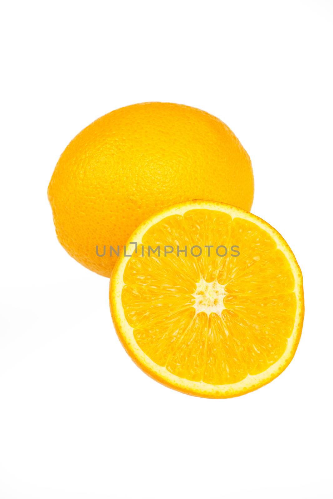 Slice a fresh juicy  round orange isolated on white 