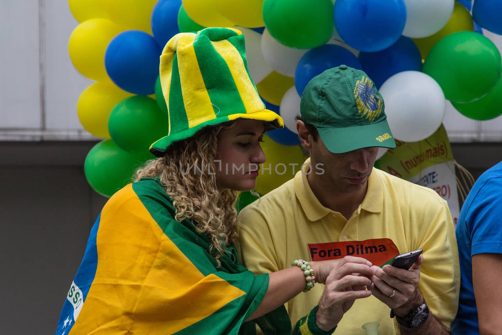 Sao Paulo Brazil March 13, 2016: One unidentified couple in the biggest protest against federal government corruption in Sao Paulo.