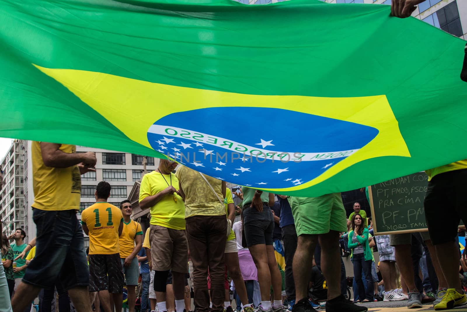 Sao Paulo Brazil March 13, 2016: One unidentified group of people in the biggest protest against federal government corruption in Sao Paulo.