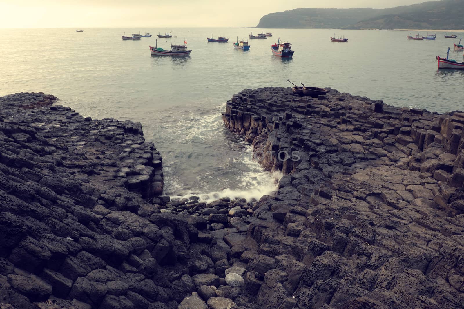 Ganh Da Dia or Ghenh Da Dia or Da Dia Rapids at Tuy Hoa, Phu Yen, Viet Nam, with amazing nature landscape at seaside, fantastic shape make interesting place for Vietnam travel,beautiful panoramic 