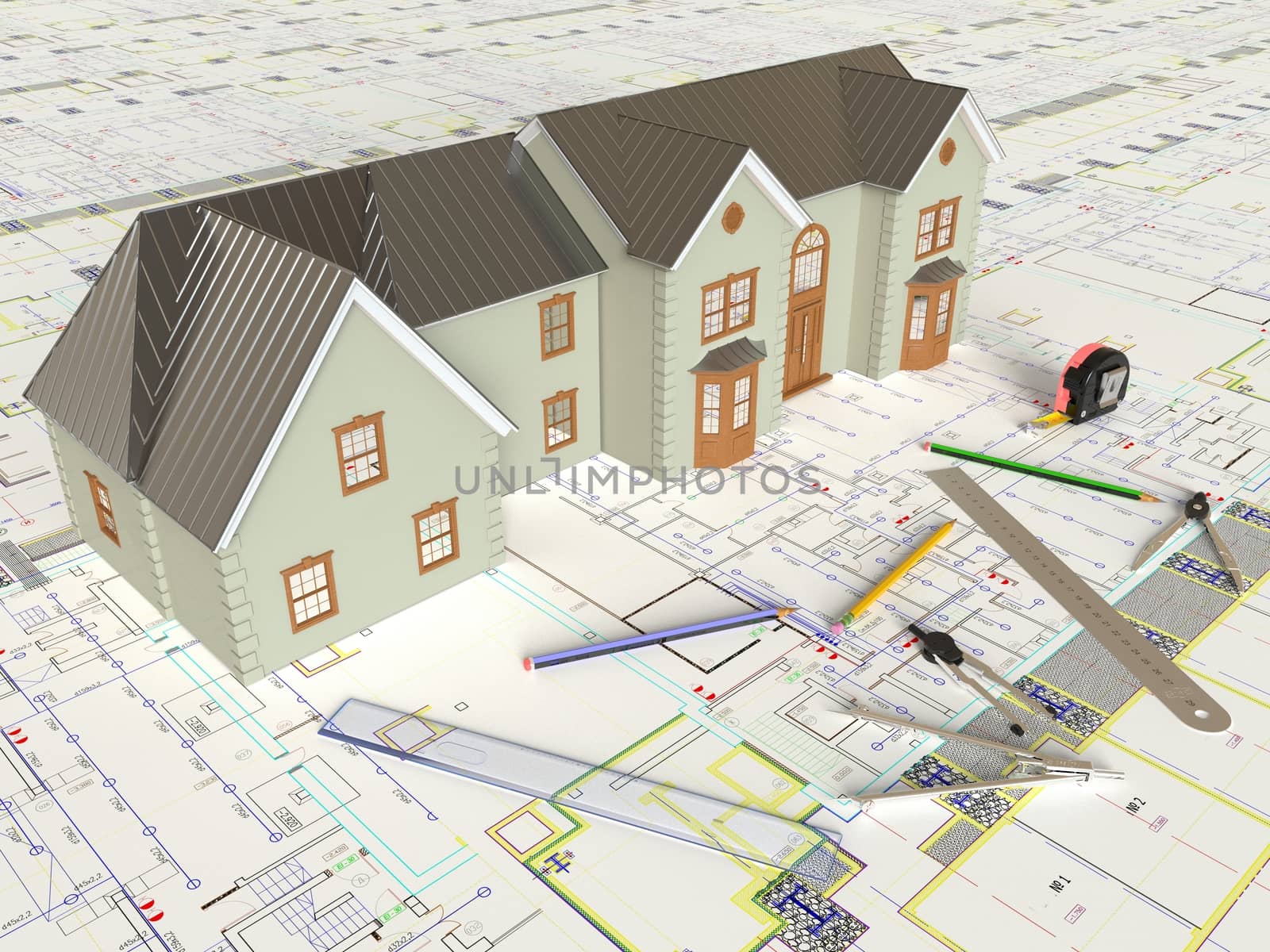 Rendering of the house architectural drawing and layout