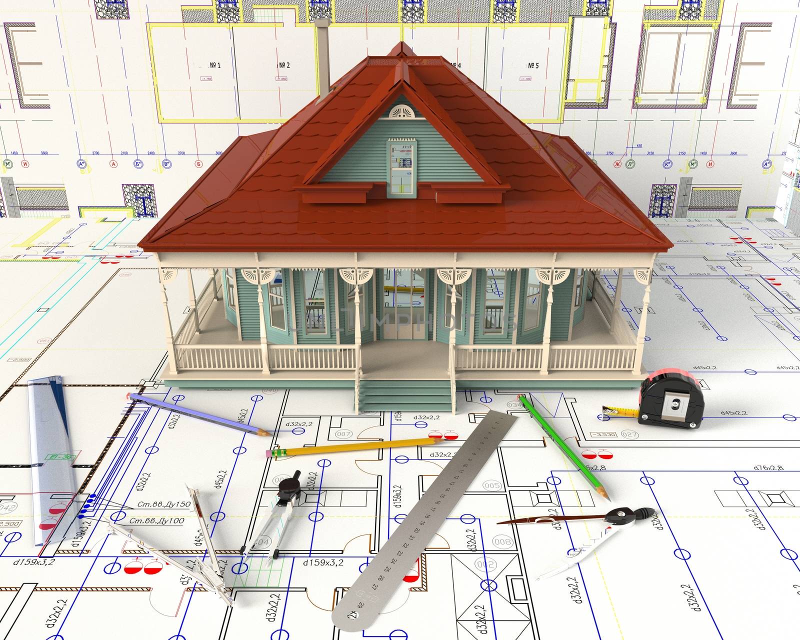 Rendering of the house architectural drawing and layout