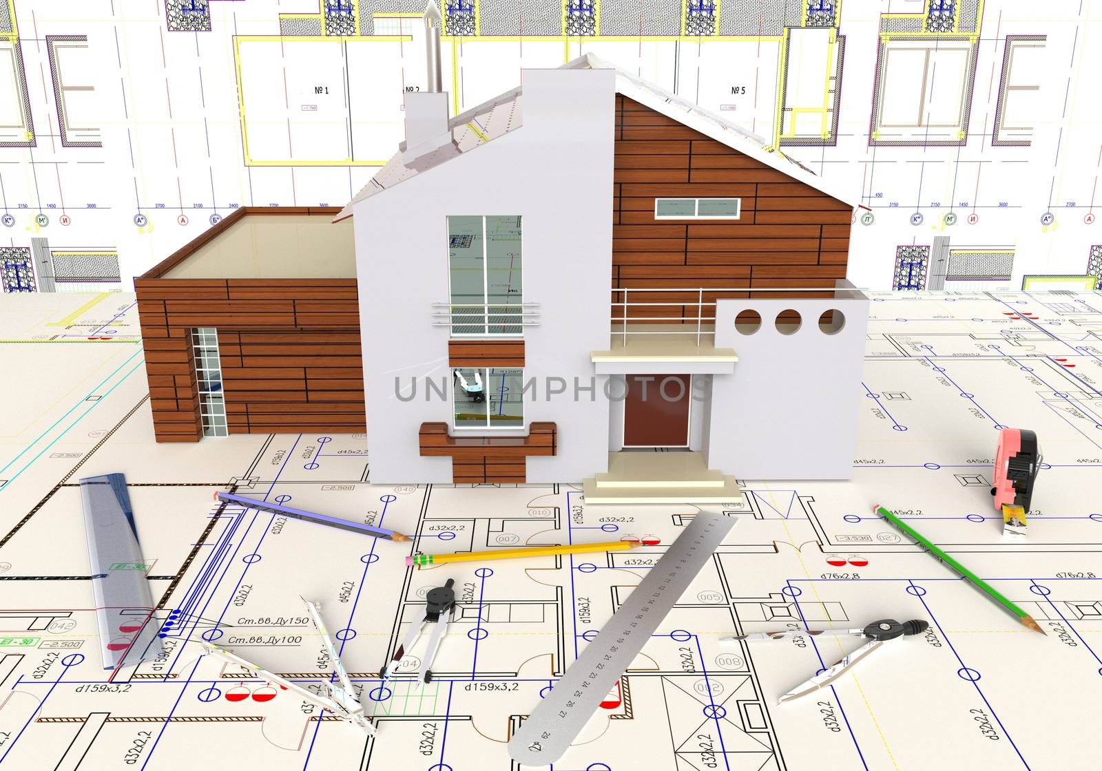 Rendering of the house architectural drawing and layout