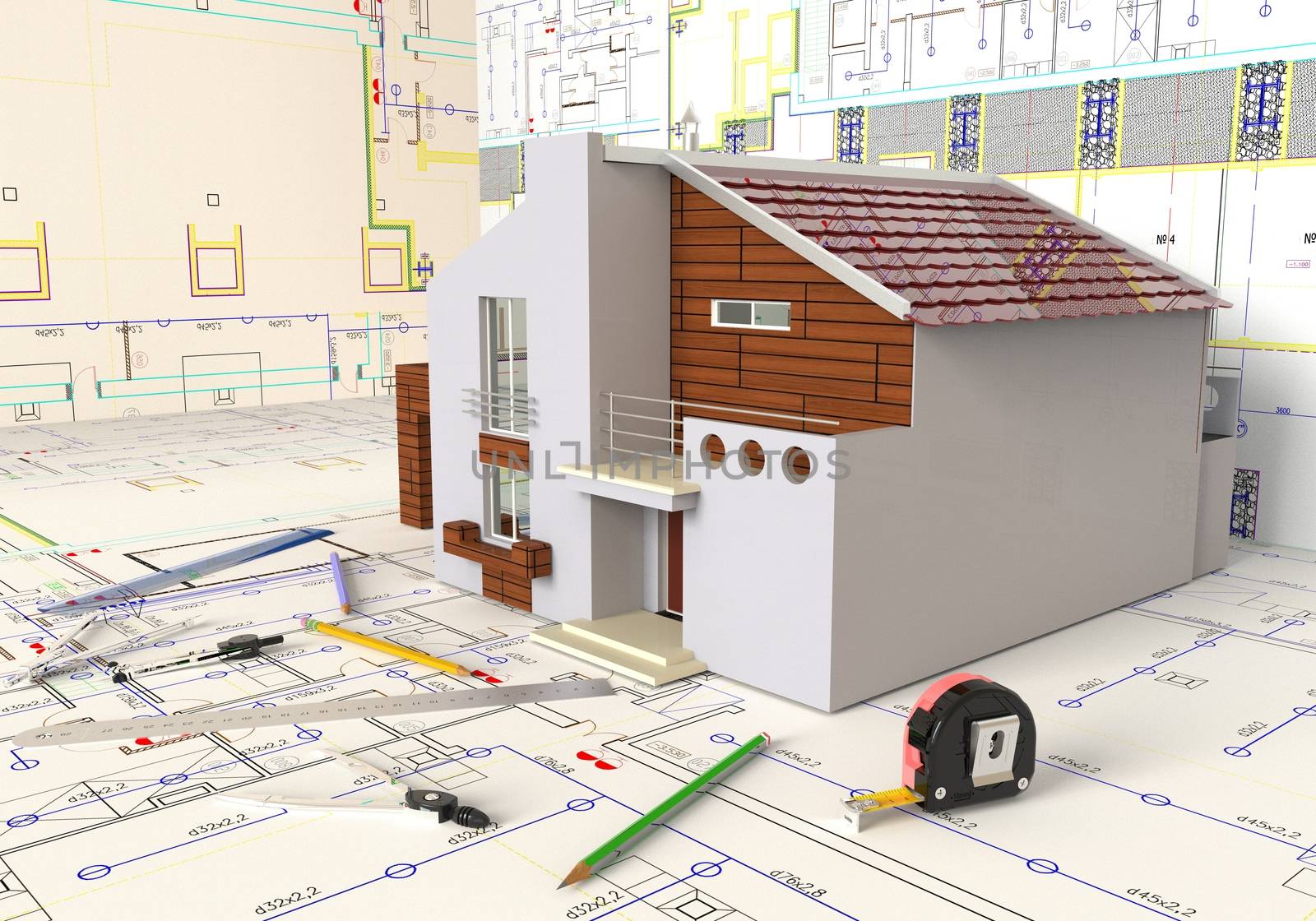 Rendering of the house architectural drawing and layout