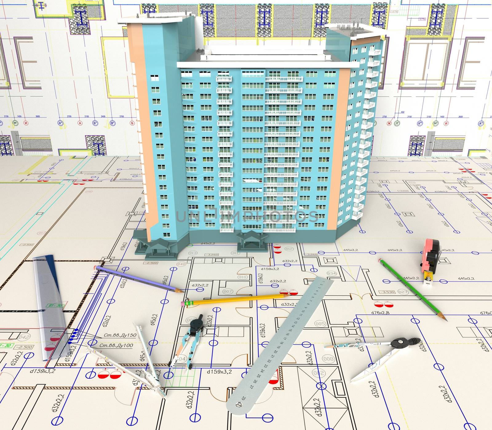 Rendering of the house architectural drawing and layout