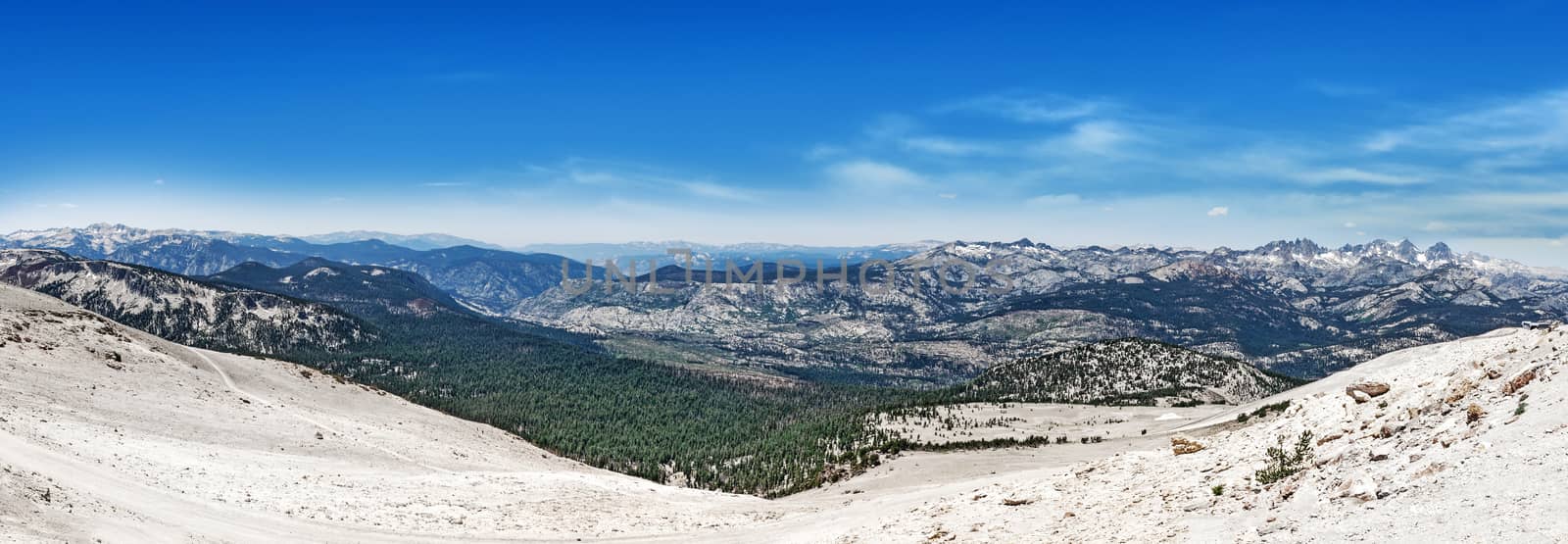 View from Mammoth Mountain in California, in July, with dirty snow in foreground.