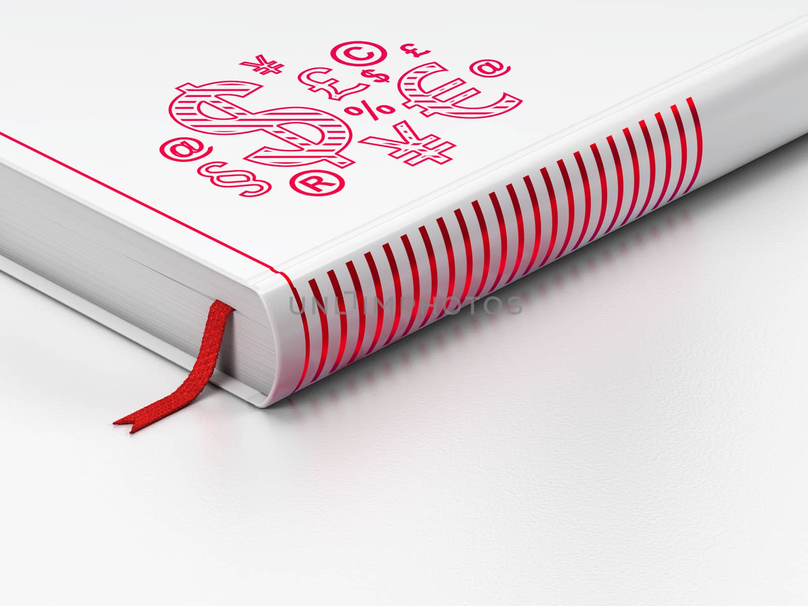 Marketing concept: closed book with Red Finance Symbol icon on floor, white background, 3d render