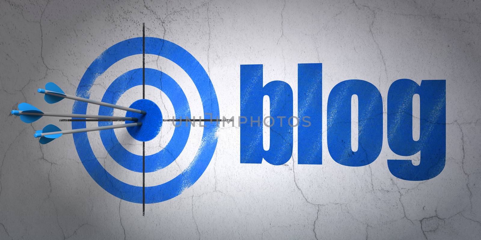 Success web design concept: arrows hitting the center of target, Blue Blog on wall background