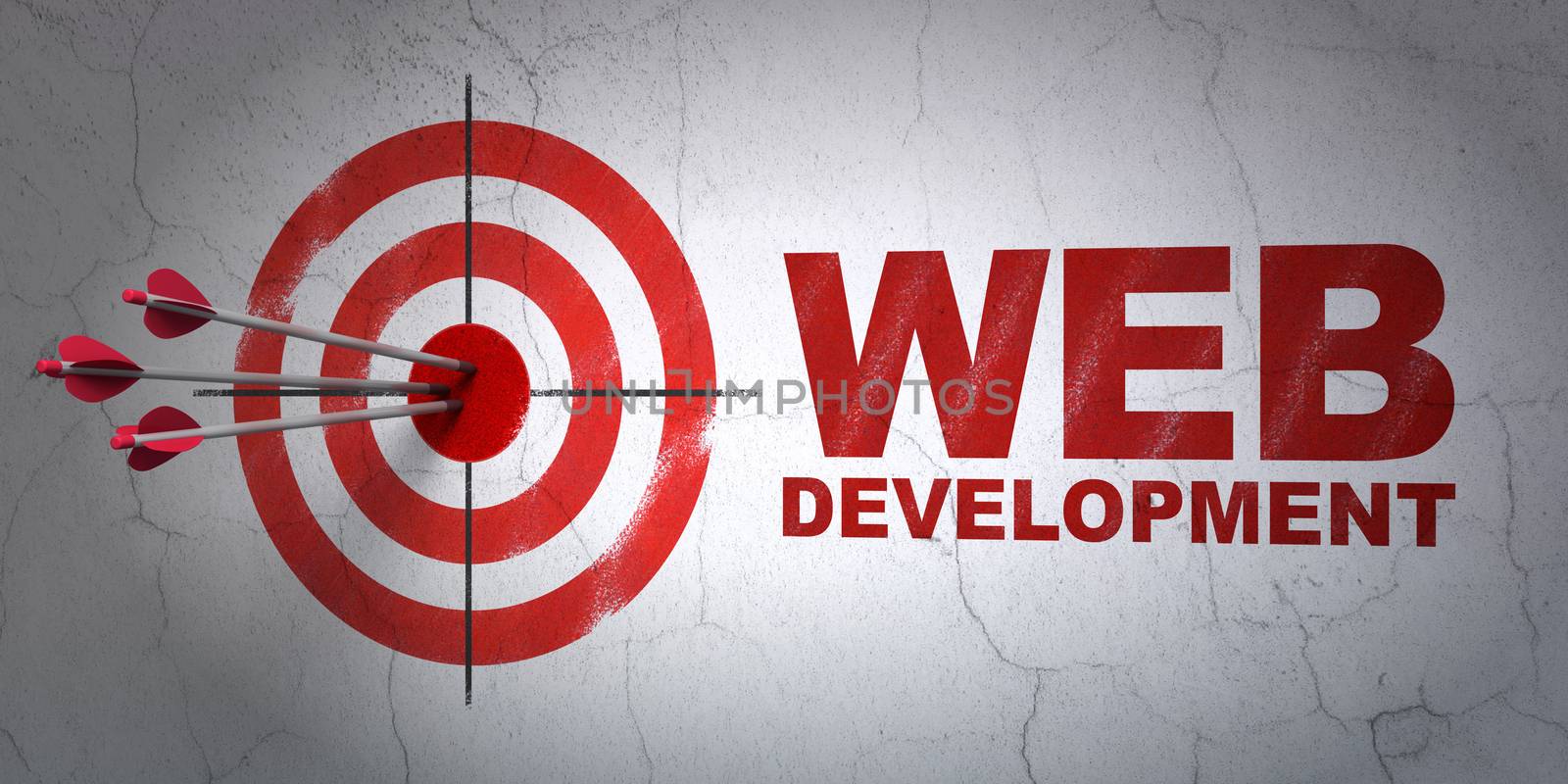 Success web development concept: arrows hitting the center of target, Red Web Development on wall background