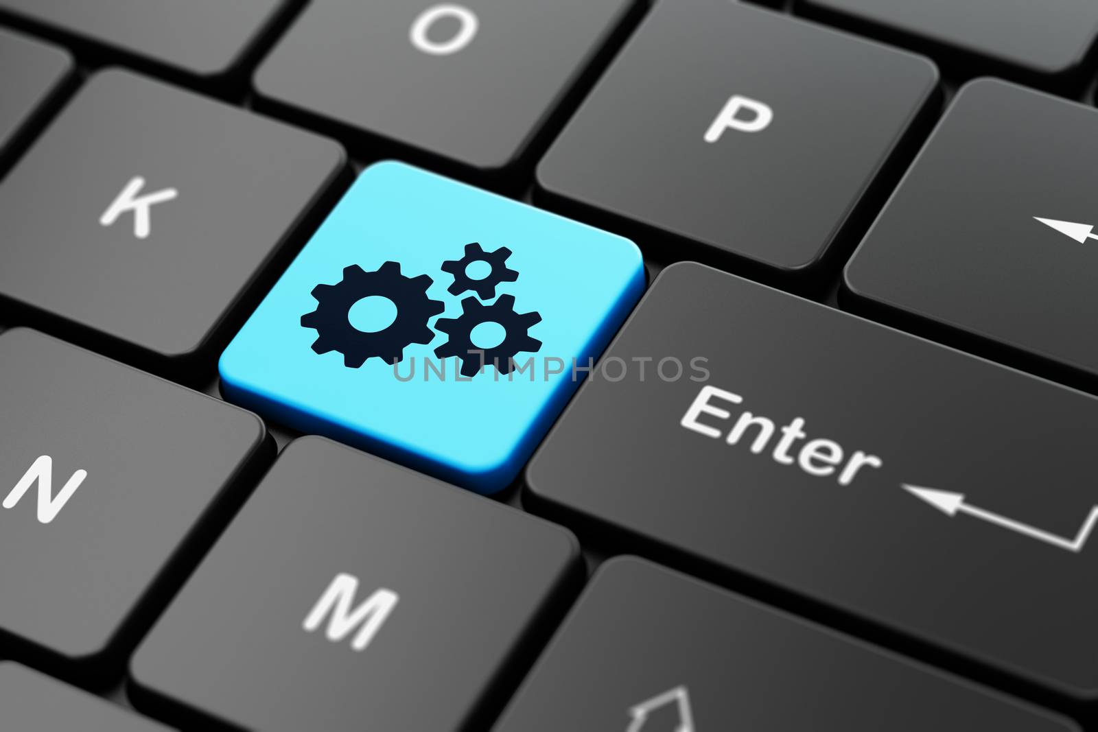 Web development concept: computer keyboard with Gears icon on enter button background, 3d render