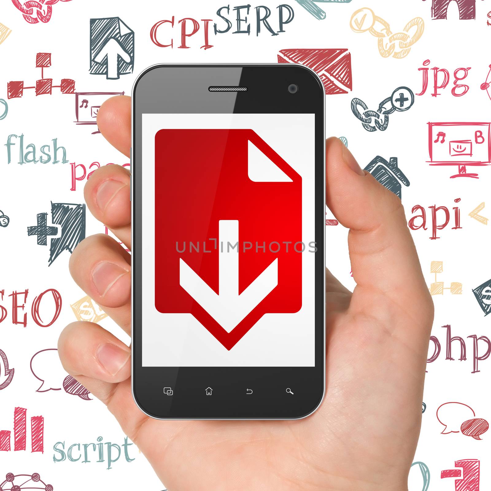 Web development concept: Hand Holding Smartphone with  red Download icon on display,  Hand Drawn Site Development Icons background