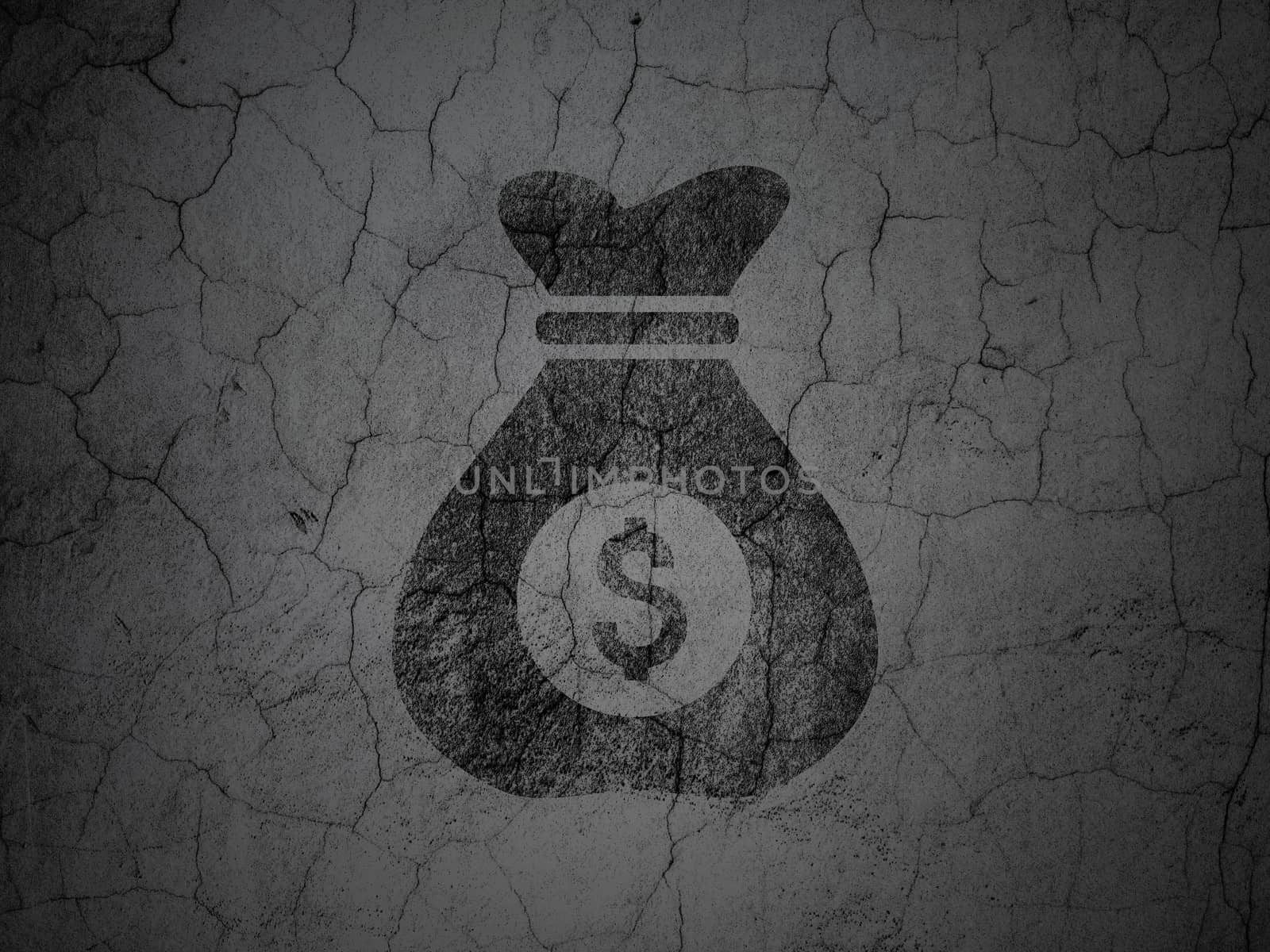 Business concept: Black Money Bag on grunge textured concrete wall background