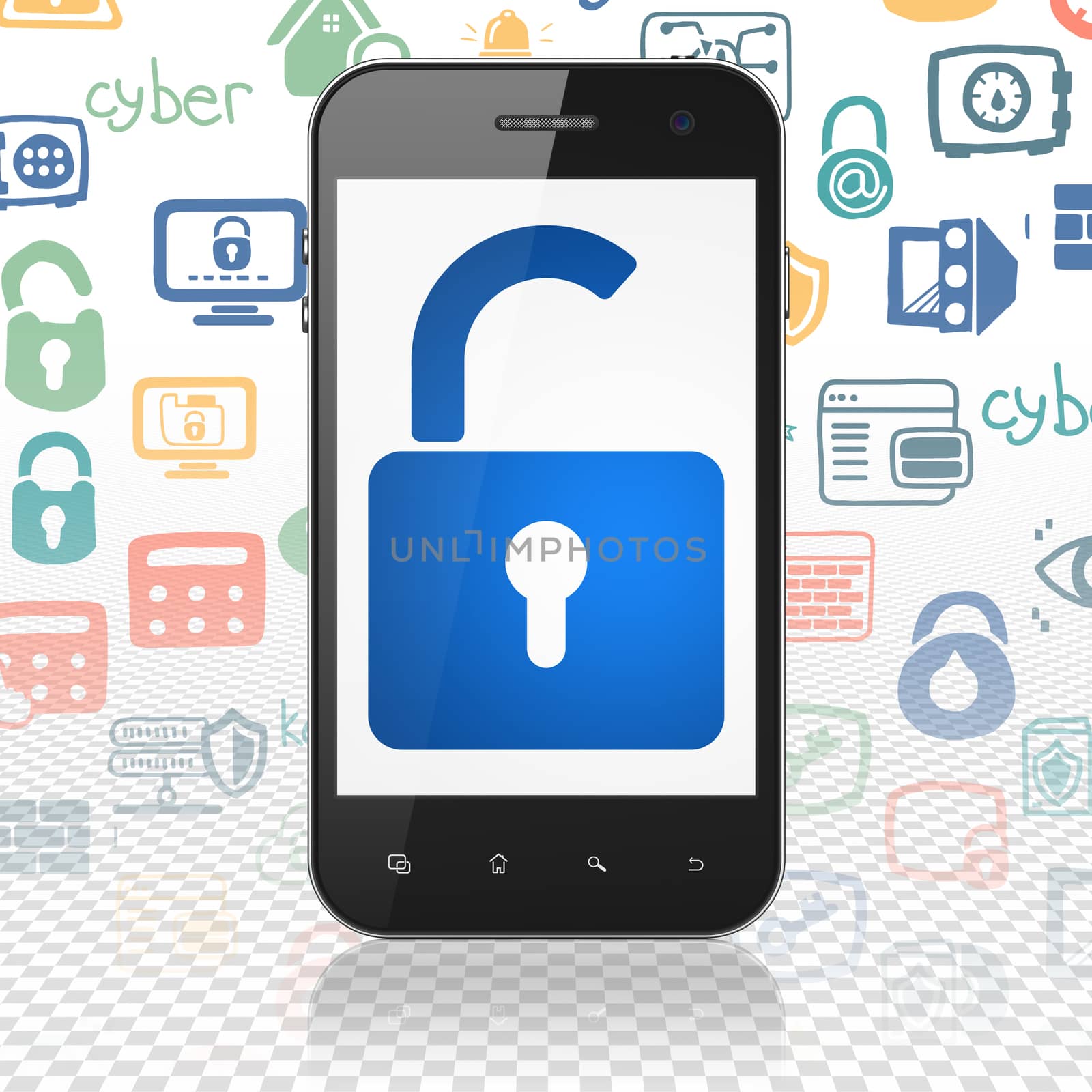 Safety concept: Smartphone with  blue Opened Padlock icon on display,  Hand Drawn Security Icons background