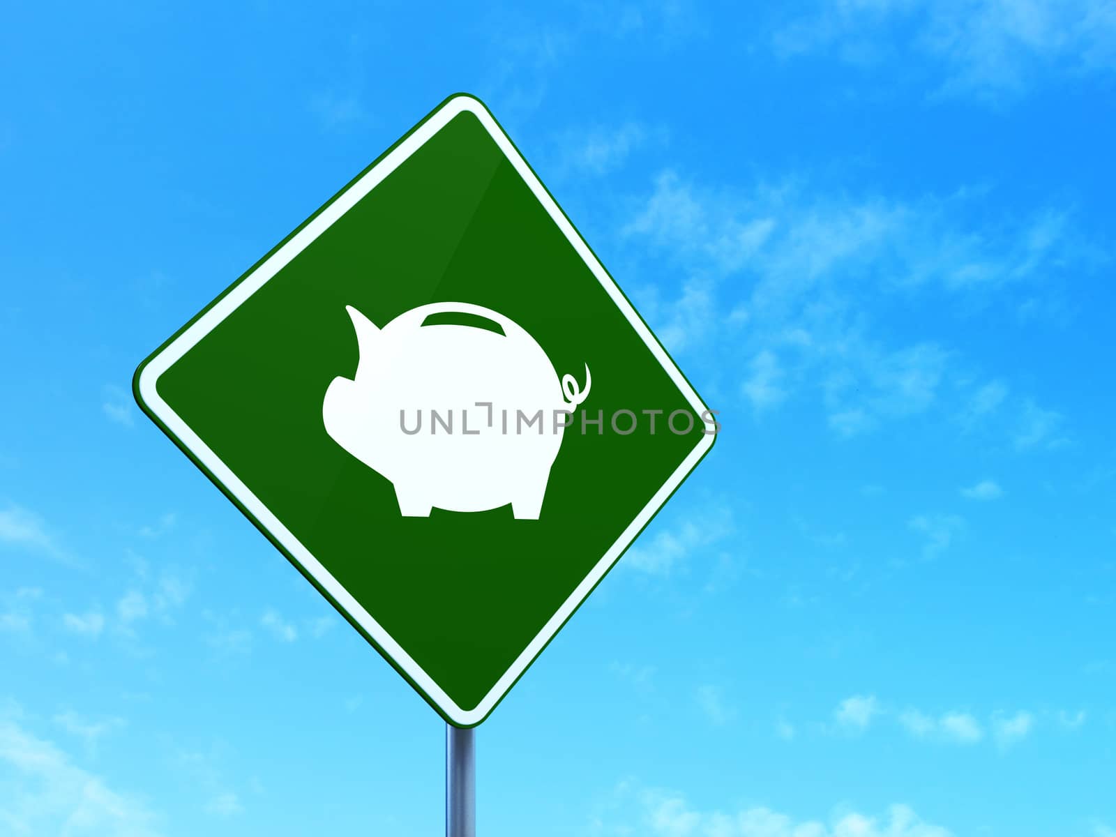Money concept: Money Box on green road highway sign, clear blue sky background, 3d render
