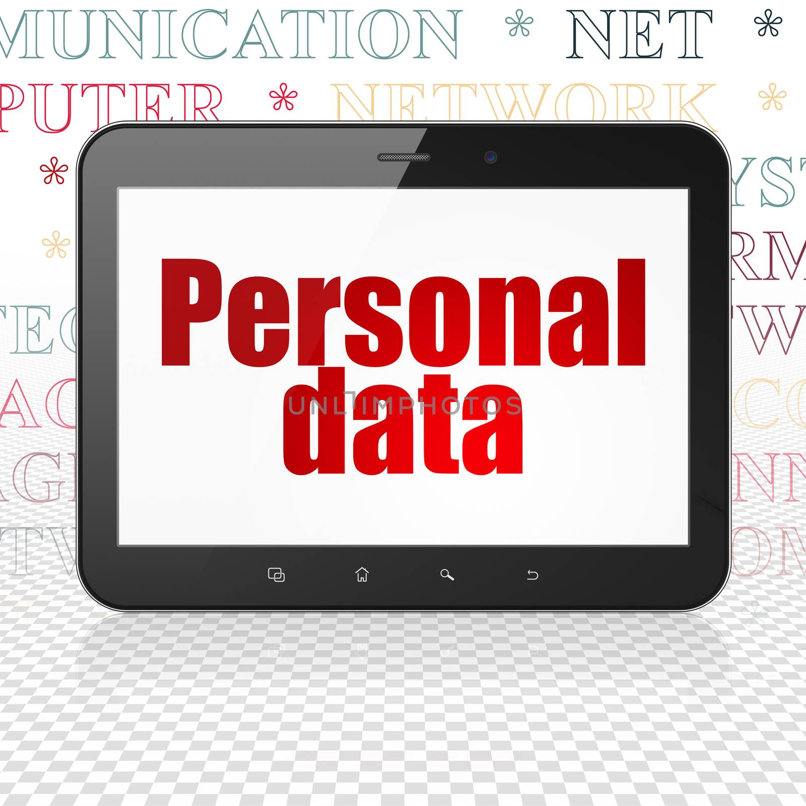 Data concept: Tablet Computer with  red text Personal Data on display,  Tag Cloud background