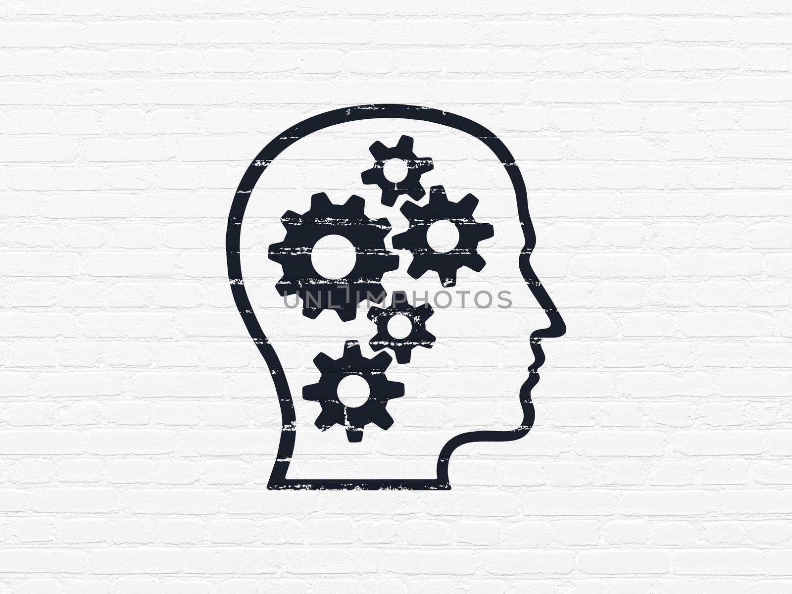 Data concept: Head With Gears on wall background by maxkabakov