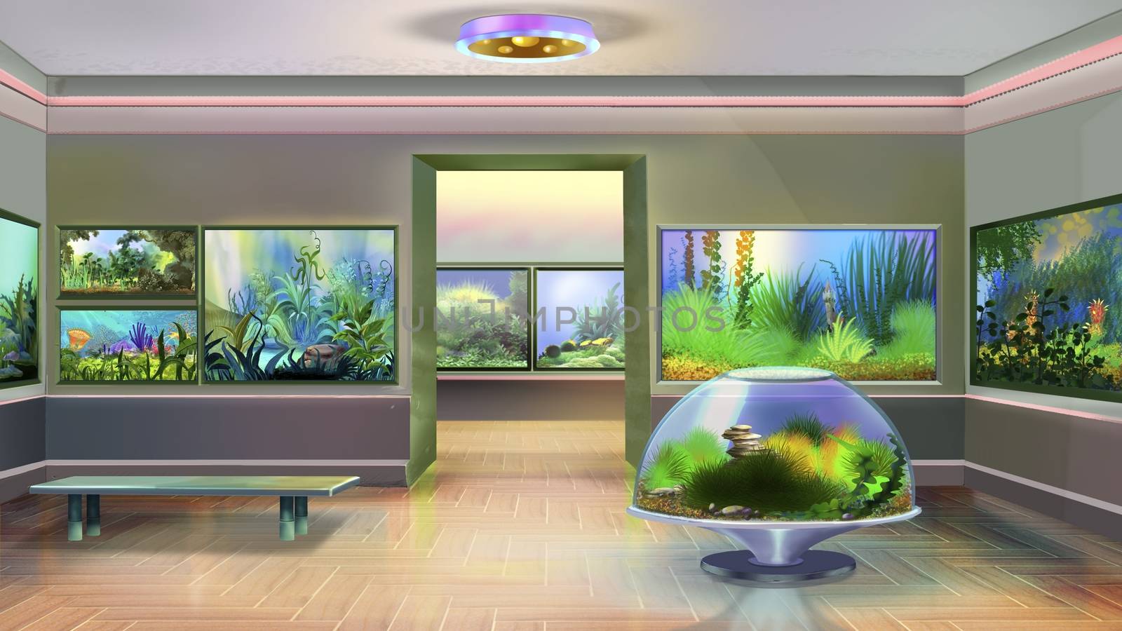 Digital painting of the interior of pet shop with aquariums.