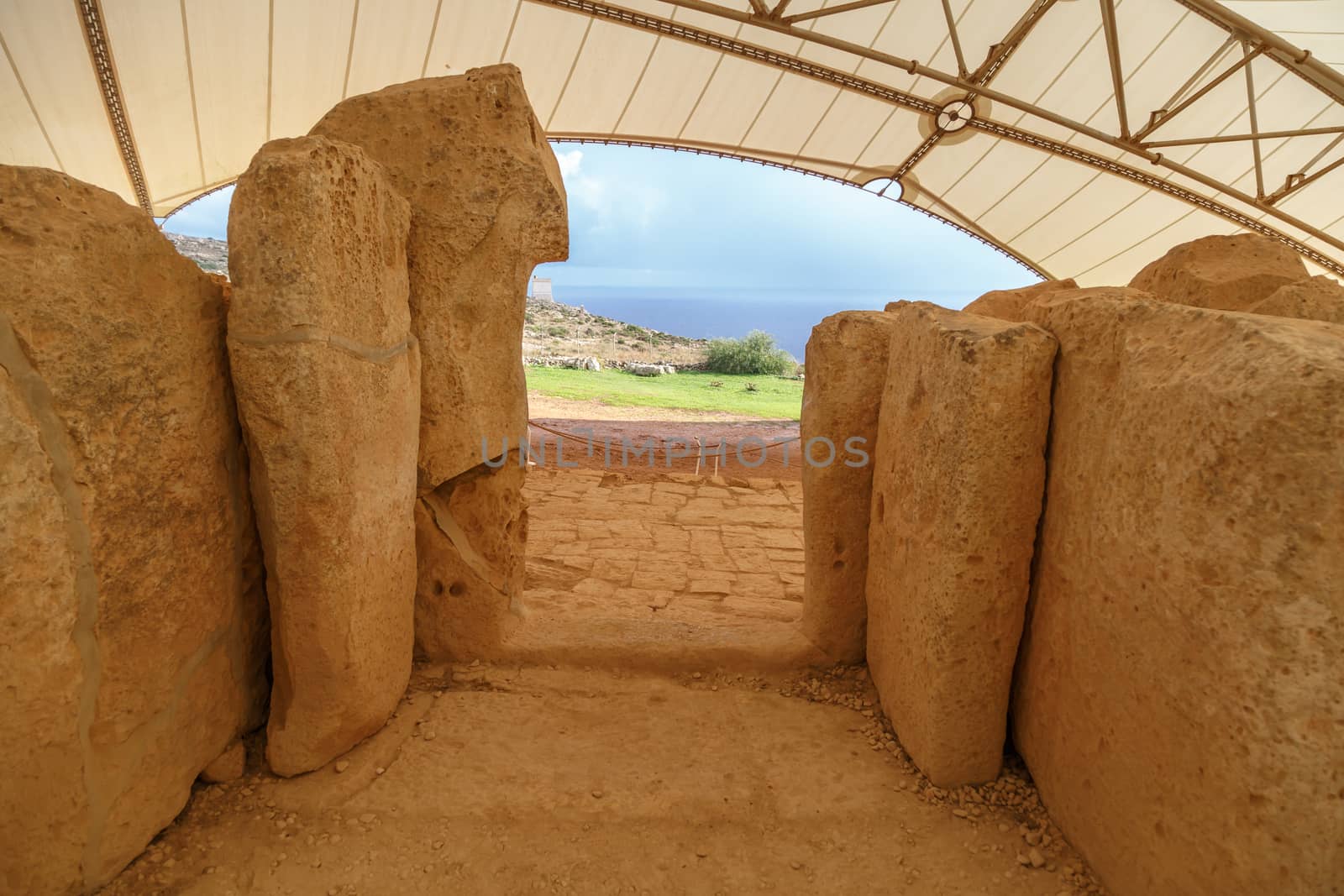 Detailed view of ancient limestone structures of Hagar Qim and Gnajdra Temples in Qrendi, Malta.