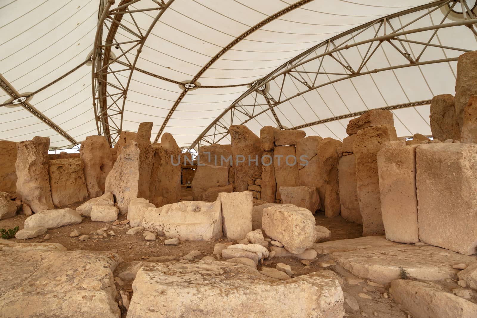 General view of ancient limestone structures of Hagar Qim and Gnajdra Temples in Qrendi, Malta.