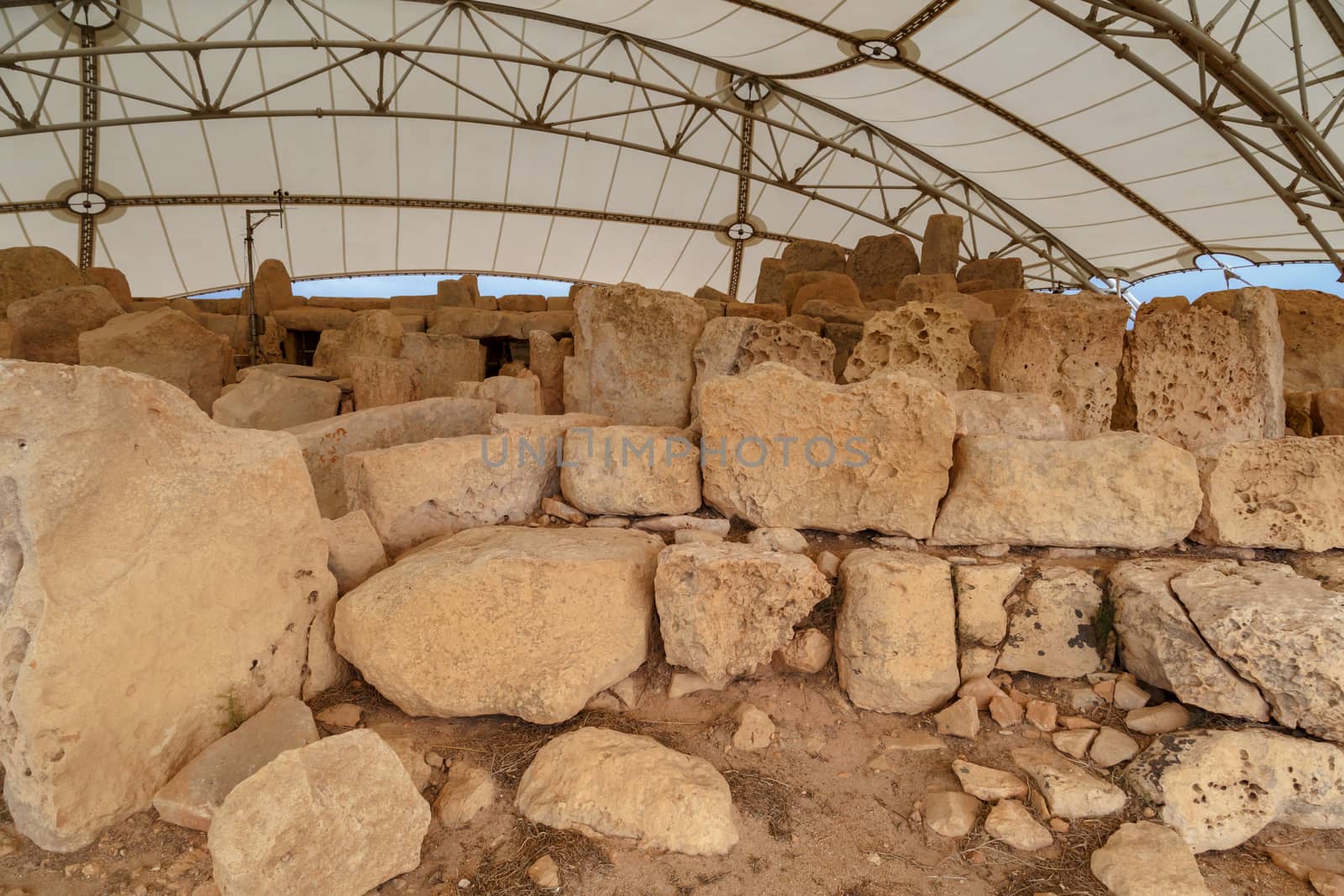 General view of ancient limestone structures of Hagar Qim and Gnajdra Temples in Qrendi, Malta.