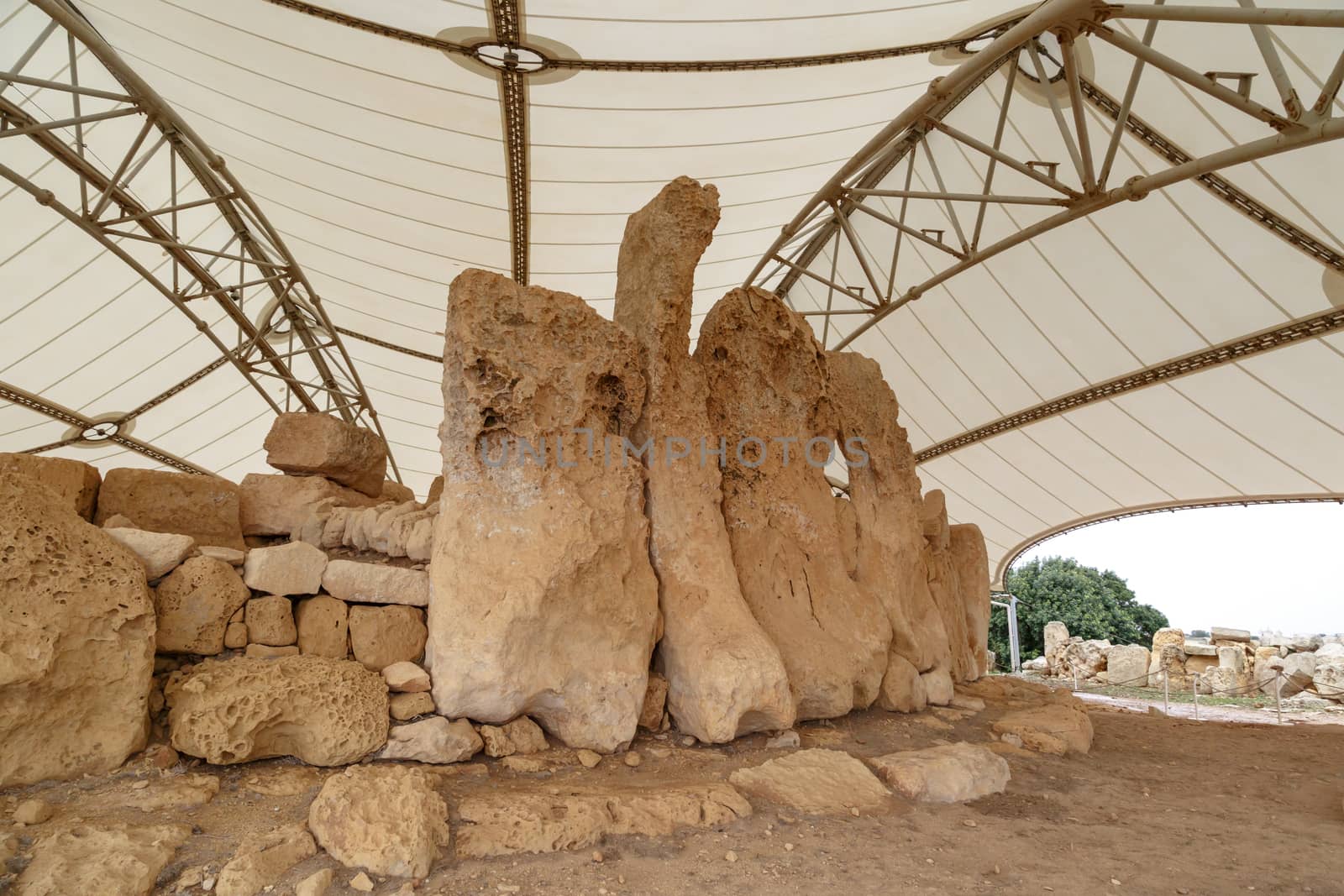 Detailed view of ancient limestone structures of Hagar Qim and Gnajdra Temples in Qrendi, Malta.