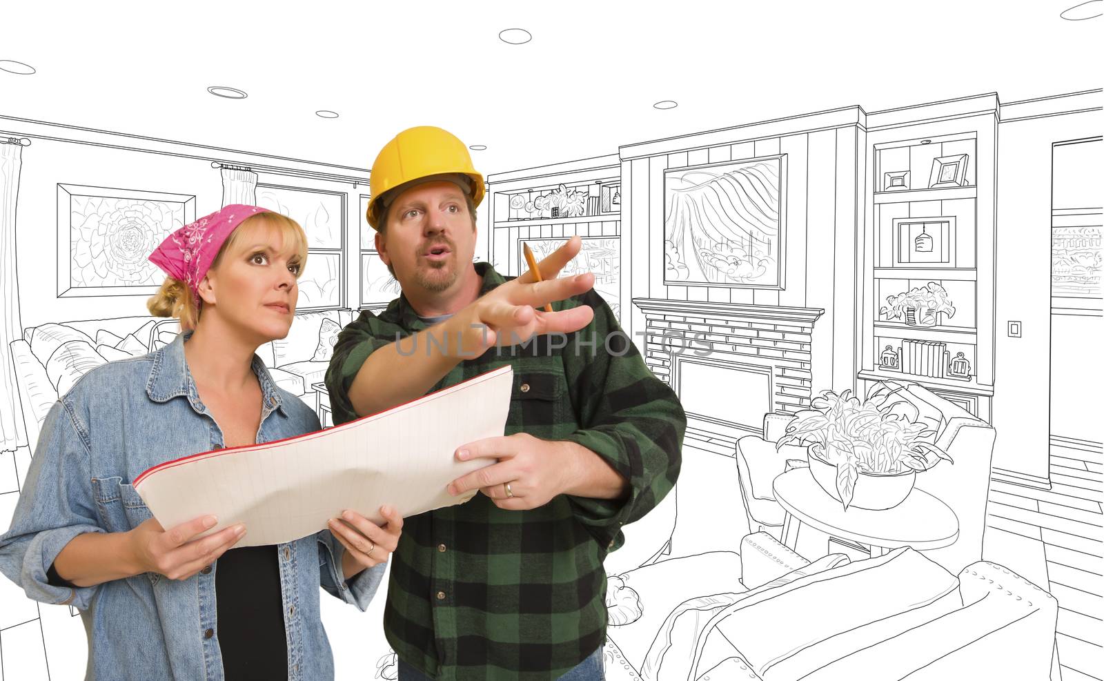 Male Contractor Talking Plans With Woman Over Custom Living Room Drawing.