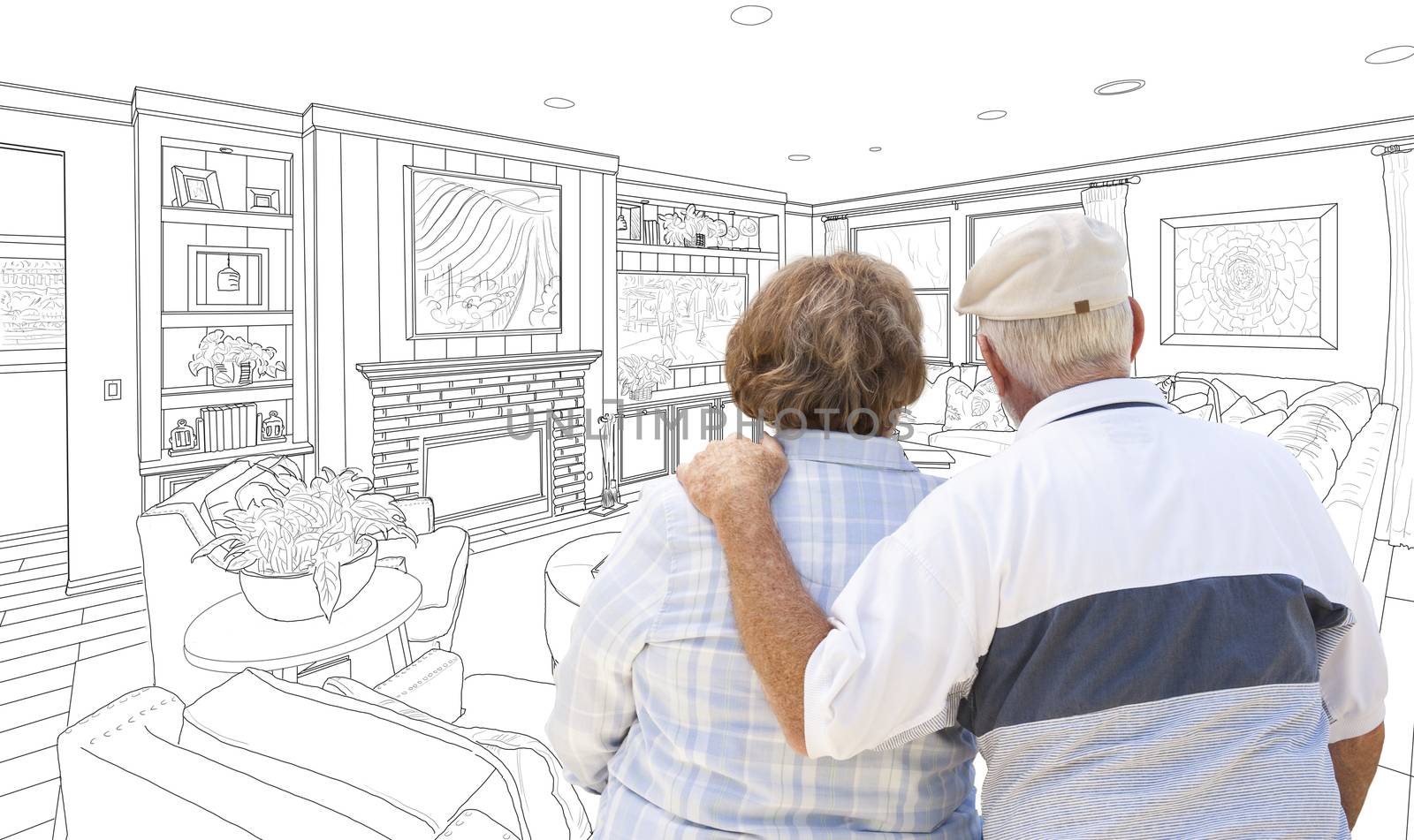 Senior Couple Looking Over Custom Living Room Design Drawing by Feverpitched