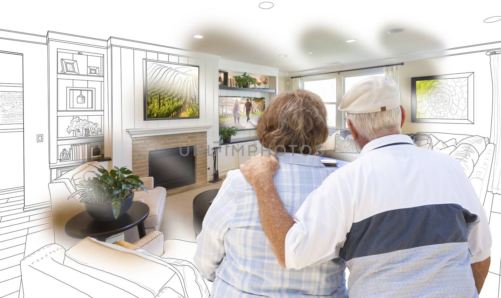 Senior Couple Looking Over Custom Living Room Design Drawing Pho by Feverpitched