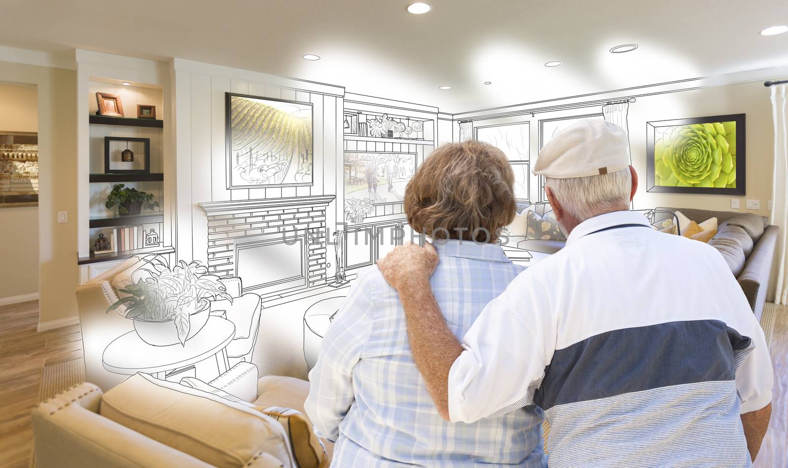 Senior Couple Looking Over Custom Living Room Design Drawing Pho by Feverpitched