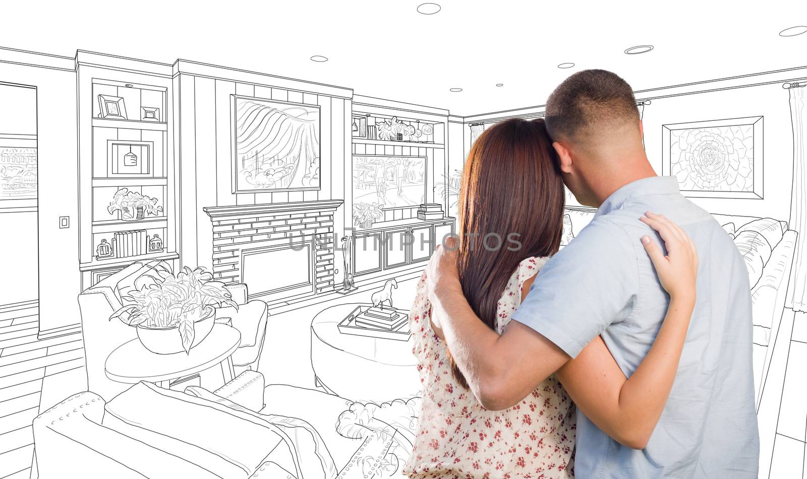 Military Couple Looking Over Custom Living Room Design Drawing by Feverpitched