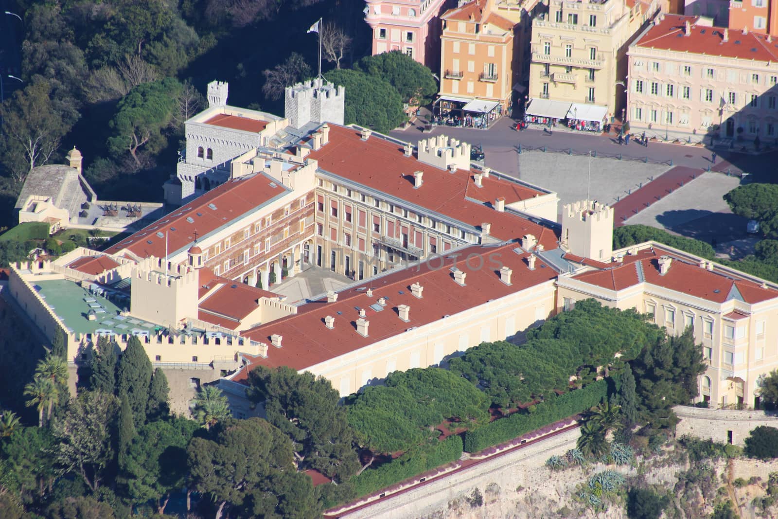 Monaco-Ville, Monaco - March 18, 2016: Aerial view of the Prince's Palace (Palais du Prince) on The Rock, south of France 