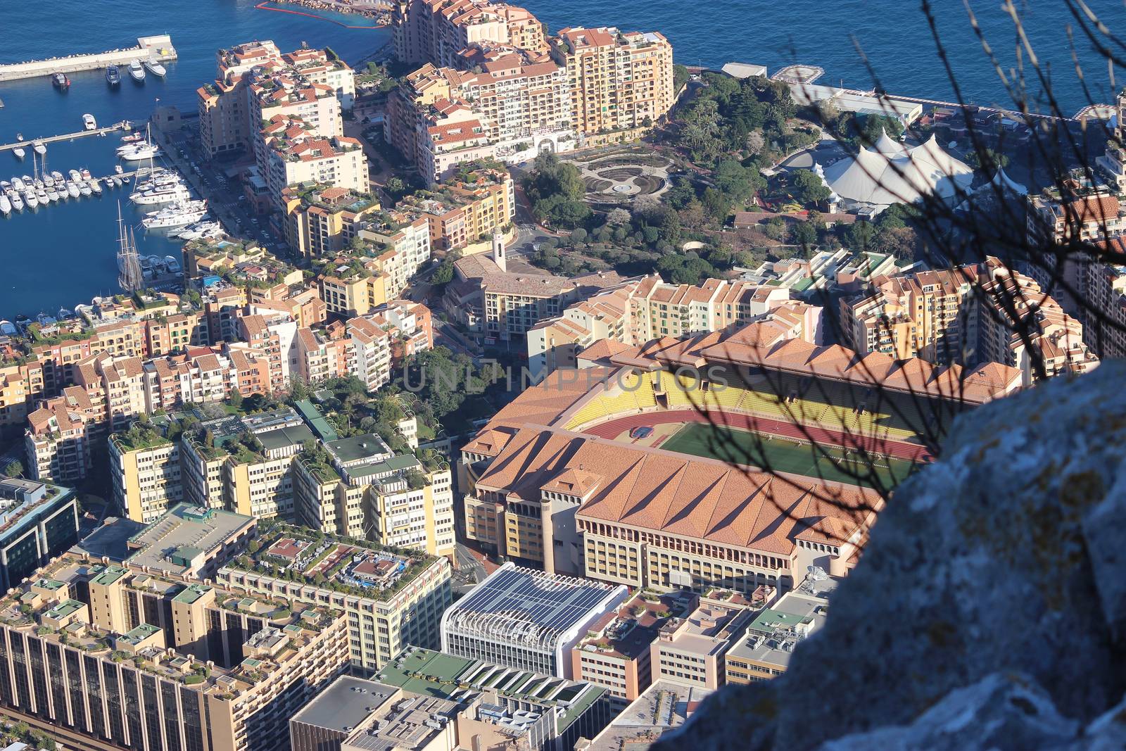 Fontvieille, Monaco - March 18, 2016: Aerial view of Stade Louis II and Fontvieille District in Monaco, south of France