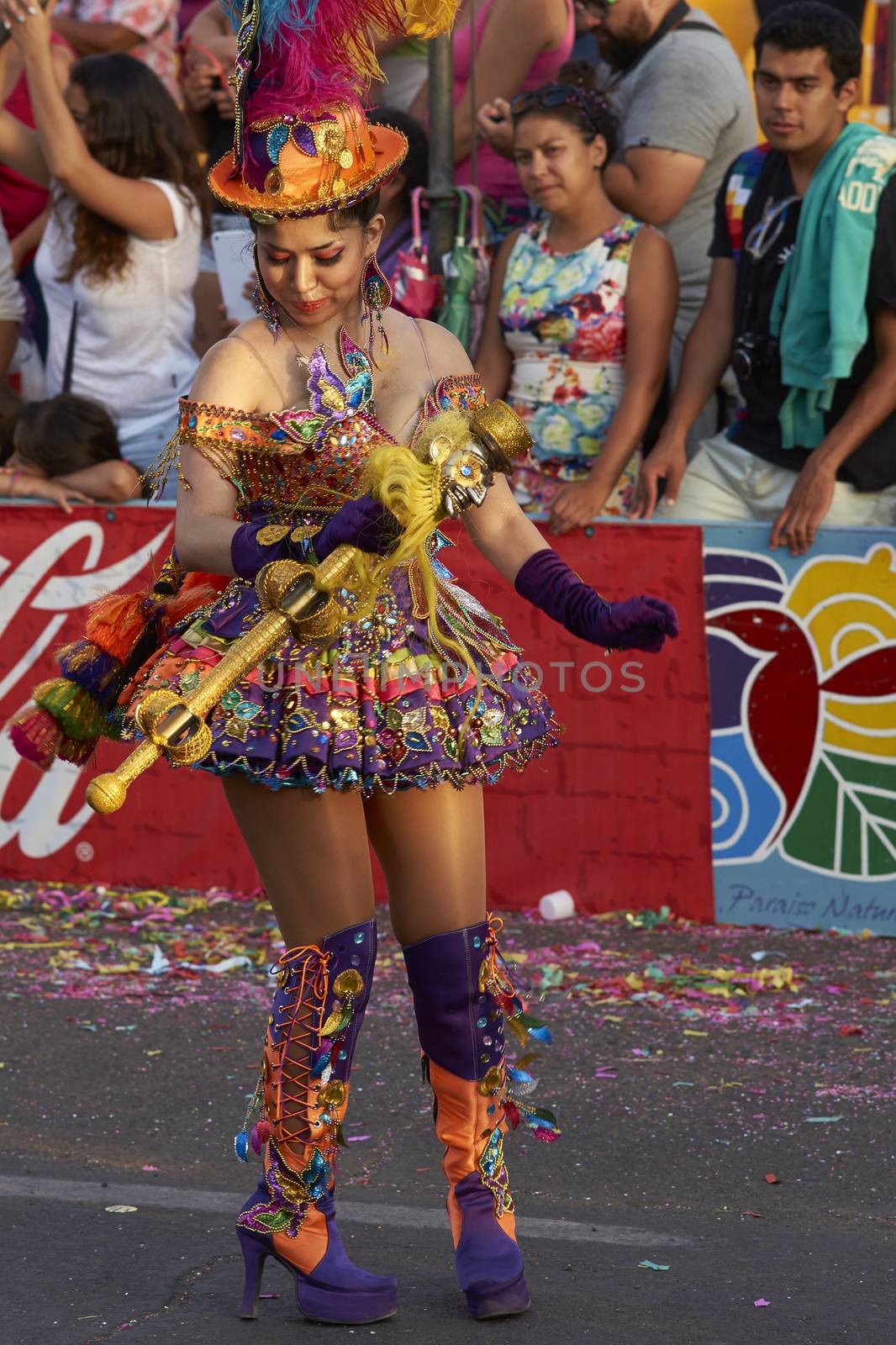 Morenada dancer in traditional Andean costume performing at the annual Carnaval Andino con la Fuerza del Sol in Arica, Chile.
