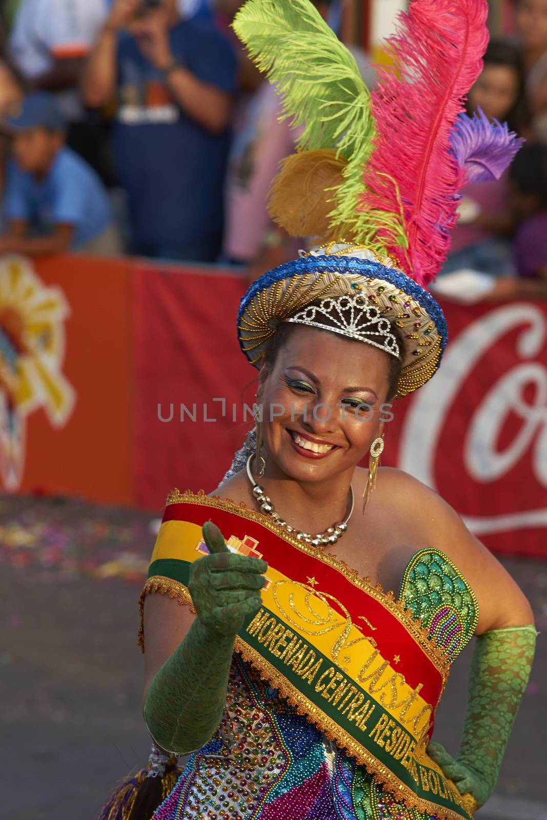 Morenada dancer in traditional Andean costume performing at the annual Carnaval Andino con la Fuerza del Sol in Arica, Chile.