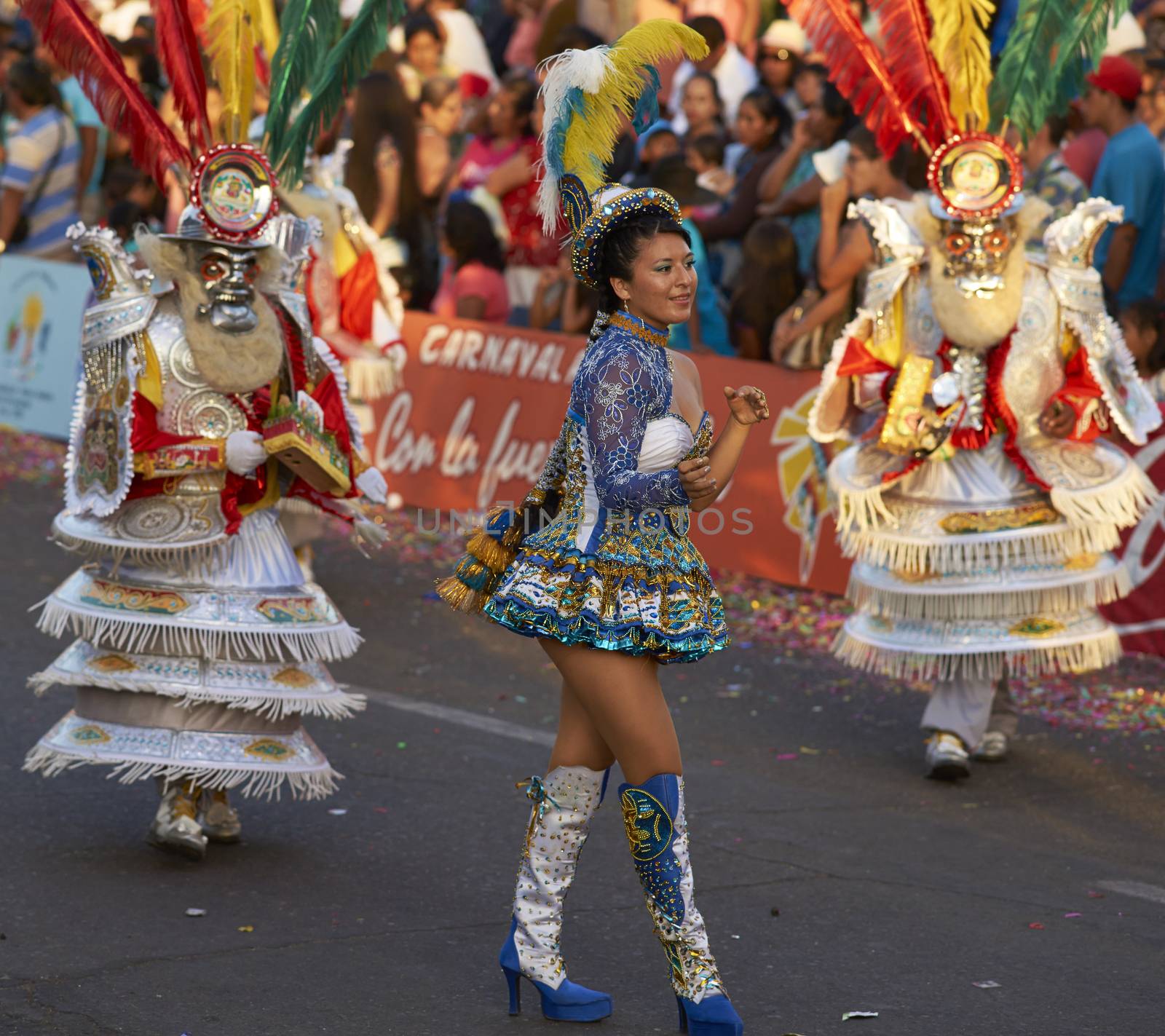 Morenada dancer in traditional Andean costume performing at the annual Carnaval Andino con la Fuerza del Sol in Arica, Chile.