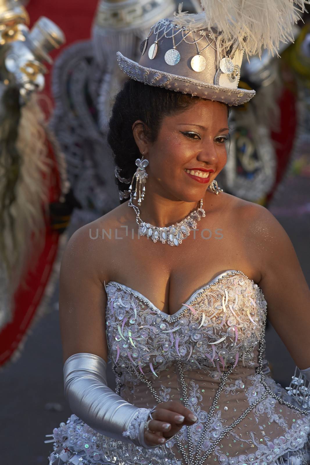 Morenada dancer in traditional Andean costume performing at the annual Carnaval Andino con la Fuerza del Sol in Arica, Chile.