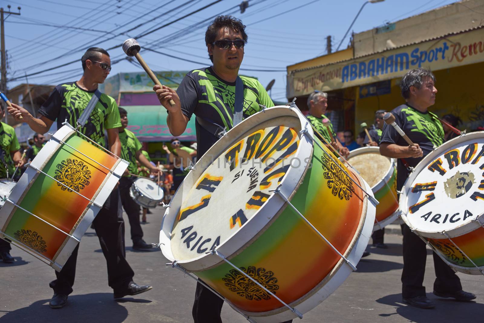 Band of a Tobas dance group performing at the annual Carnaval Andino con la Fuerza del Sol in Arica, Chile.
