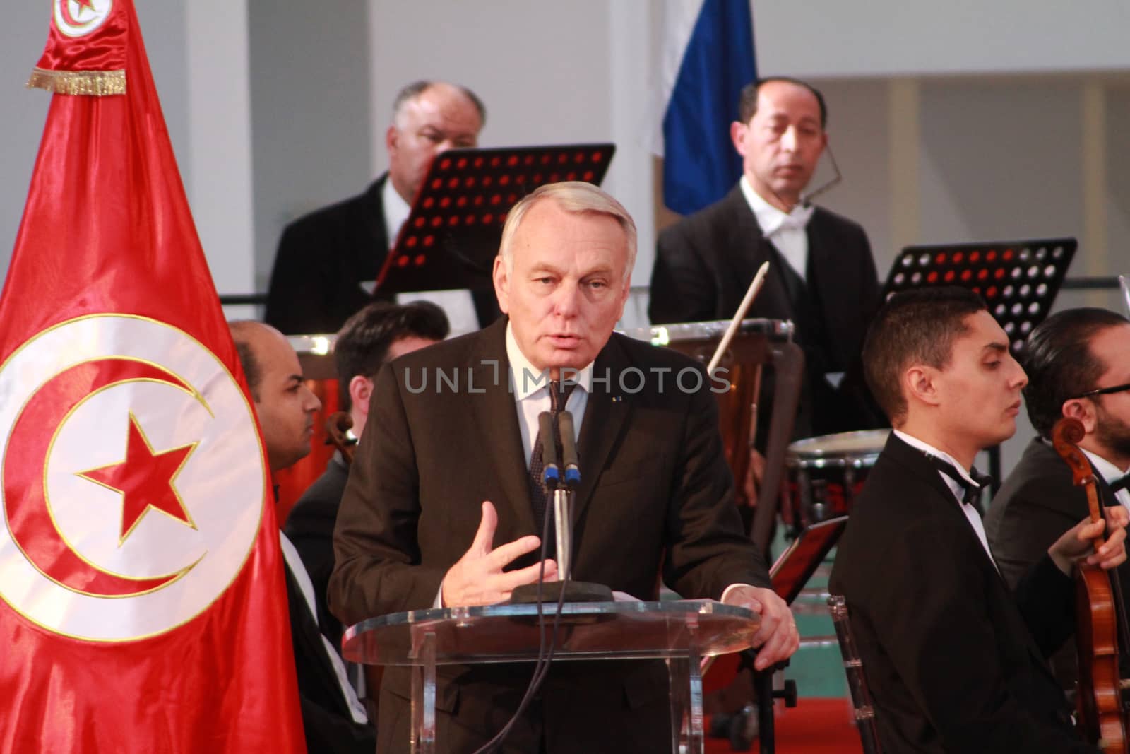 TUNISIA, Tunis: French Foreign Minister Jean-Marc Ayrault speaks at Bardo National Museum on March 18, 2016 for the one-year-anniversary of the terror attack there. The assault by Islamic State militants left 24 people dead that day in 2015.