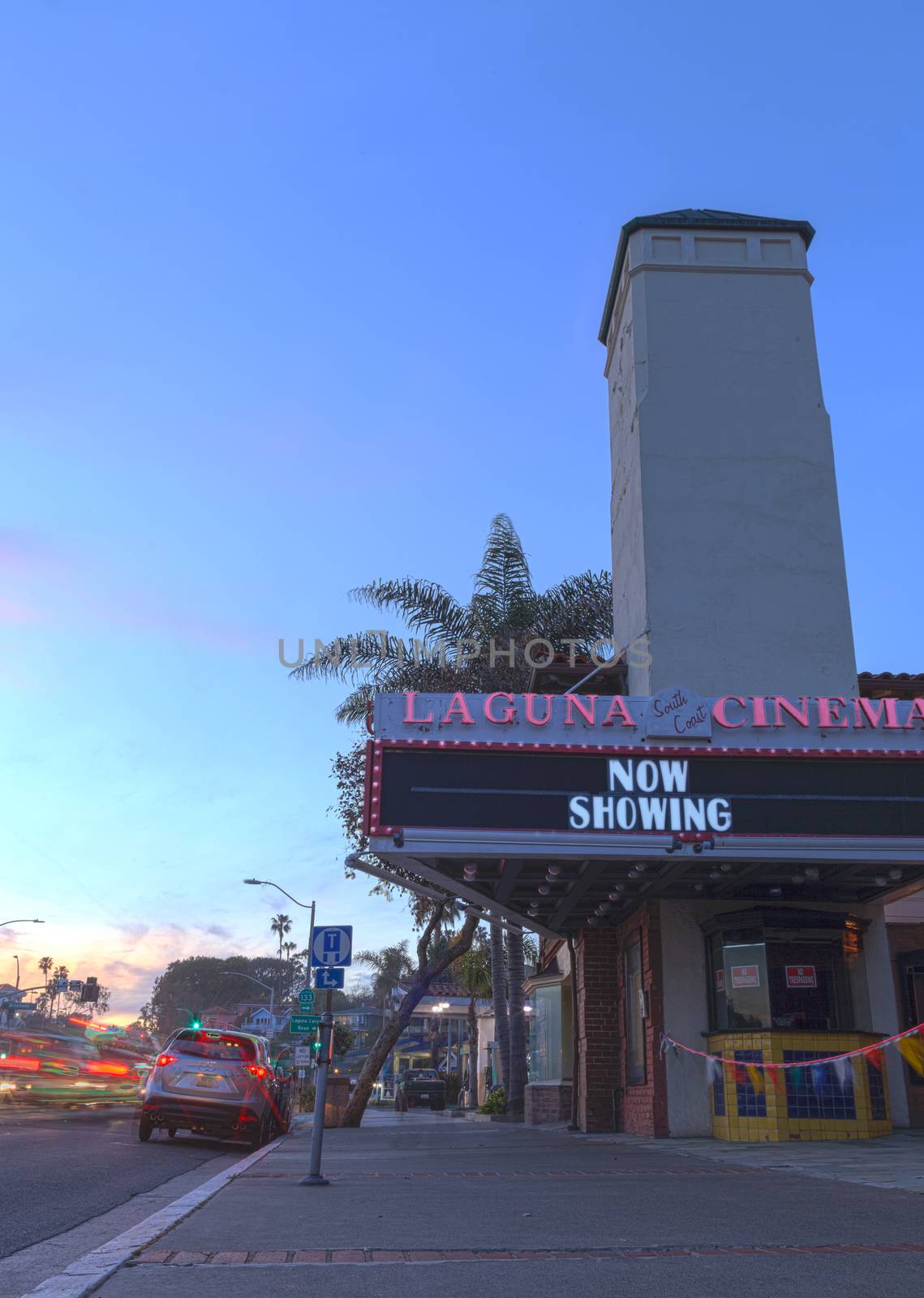 Laguna Beach, California, March 8, 2016: The Laguna Cinema opened in 1922 and closed in 2015. This classic theater is found on Pacific Coast Highway in the heart of the Laguna Beach village and is a landmark for all who visit. Editorial use only.